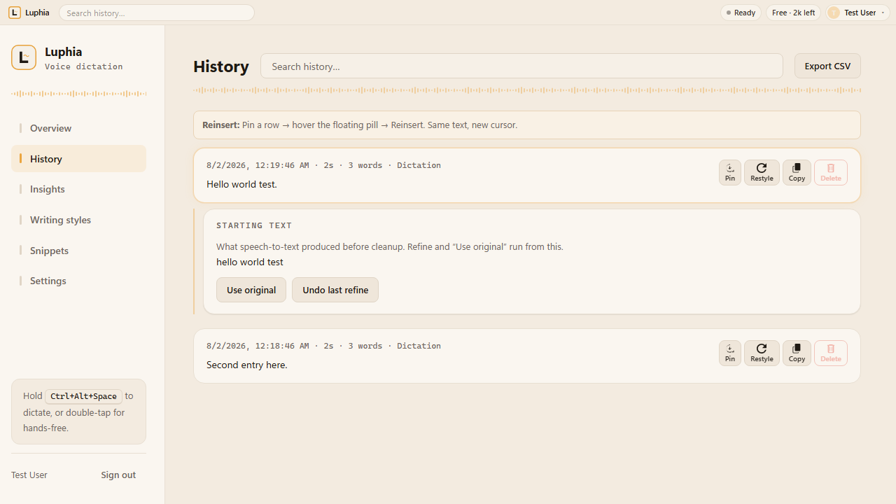Searchable dictation history