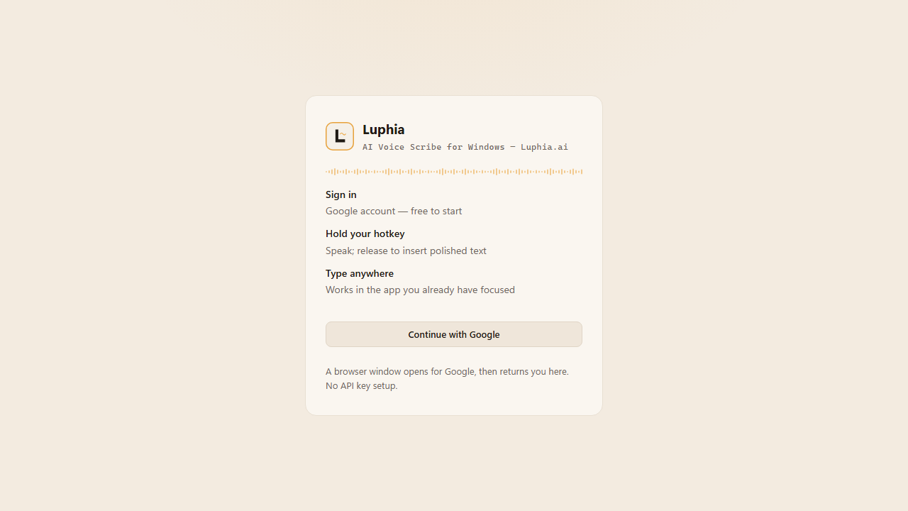Luphia sign-in card with Continue with Google